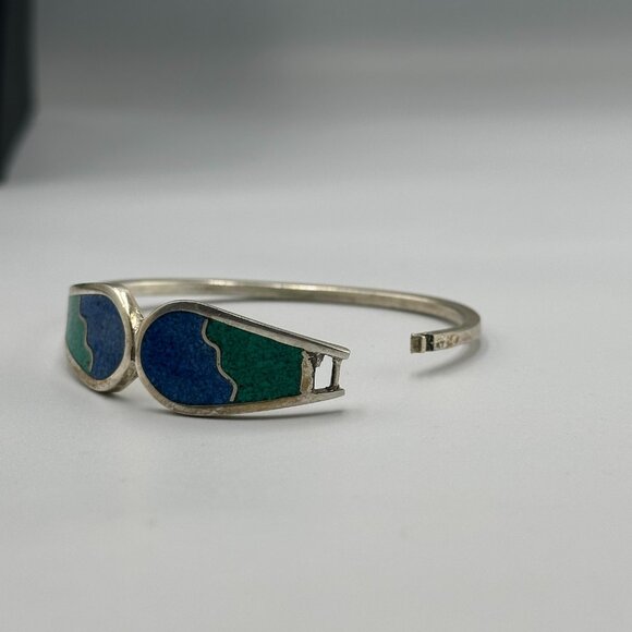 Vintage Alpaca Silver Bracelet Blue Green Inlay Geometric Hinged Cuff 7 Inch - Picture 13 of 15